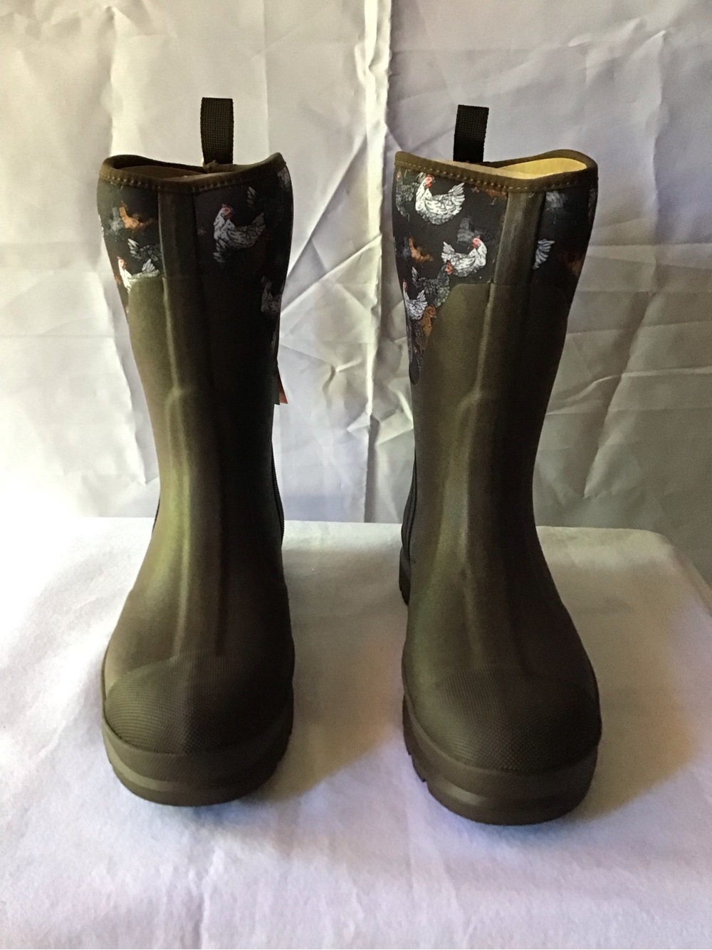 Women’s Olive Green Winter Rain Boots with Chicken Print